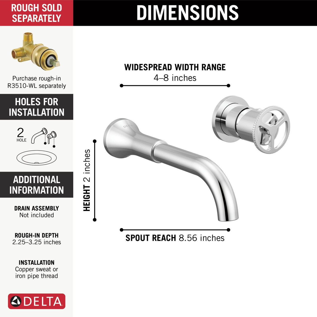 Delta T3558LF-WL Trinsic Two Handle Wall Mount Bathroom Faucet Trim, Chrome