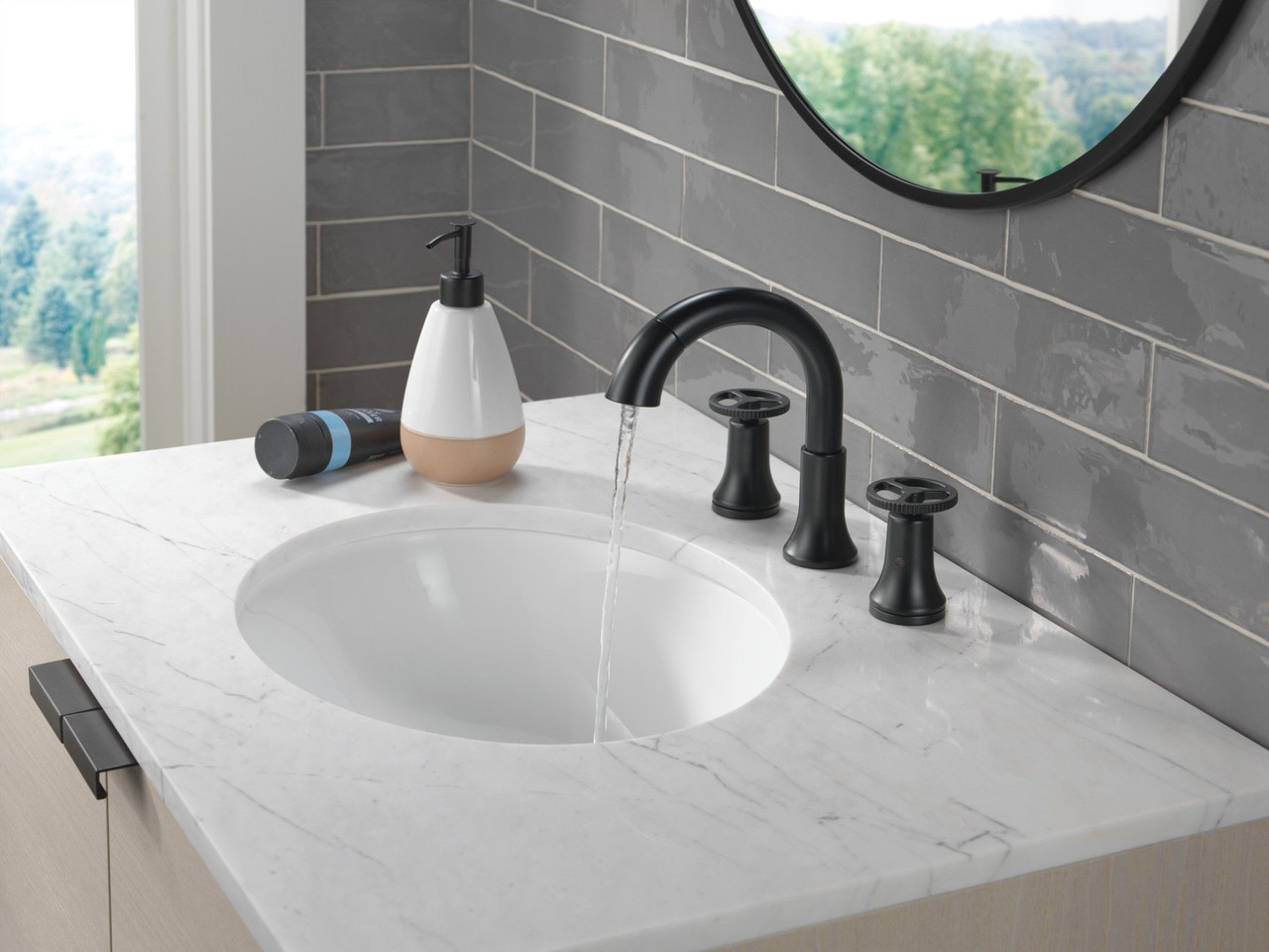 Delta 3558-BLPD-DST Trinsic Two Handle Widespread Pull Down Bathroom Faucet, Matte Black