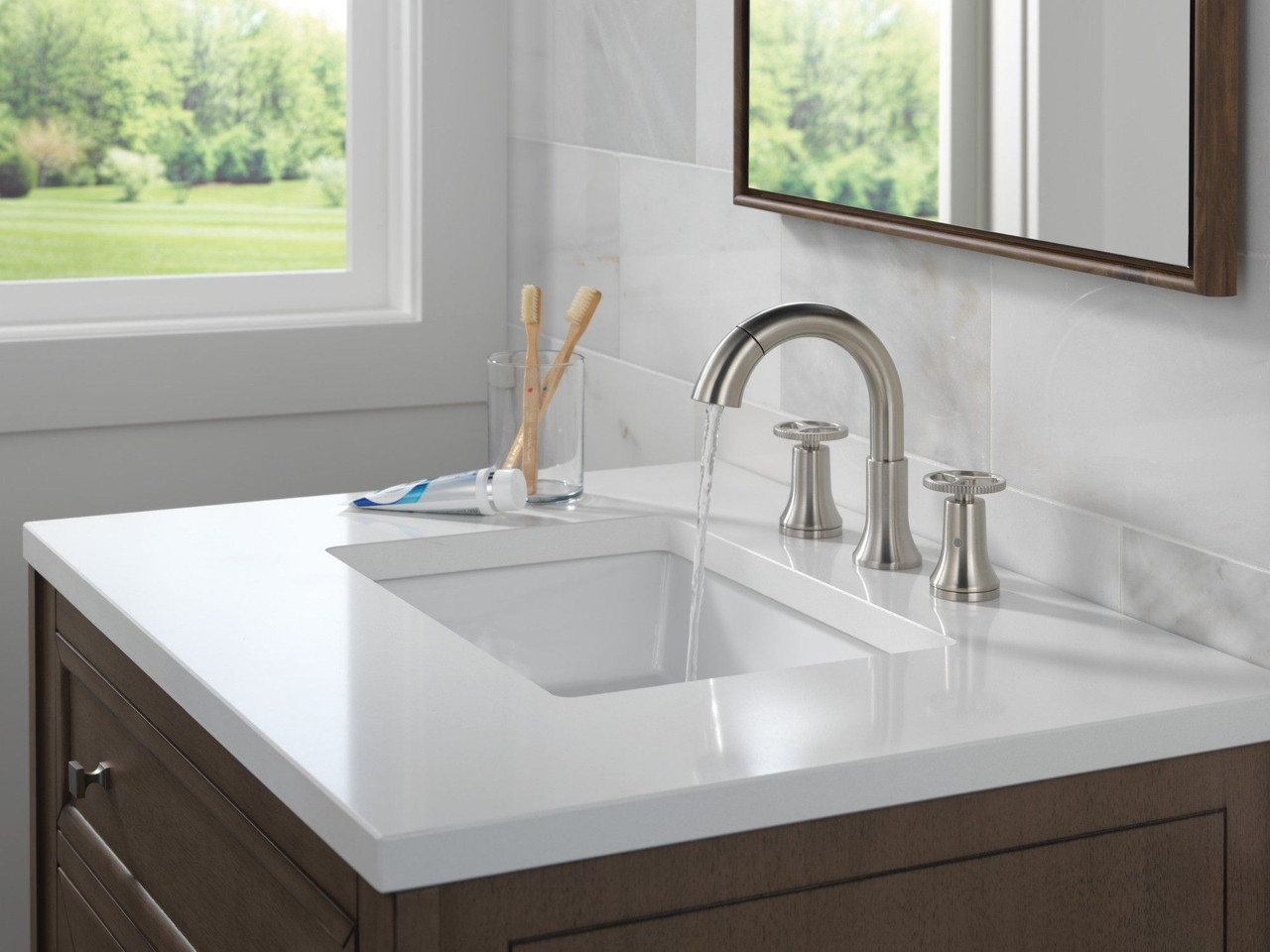 Delta 3558-SSPD-DST Trinsic Two Handle Widespread Pull Down Bathroom Faucet, Stainless