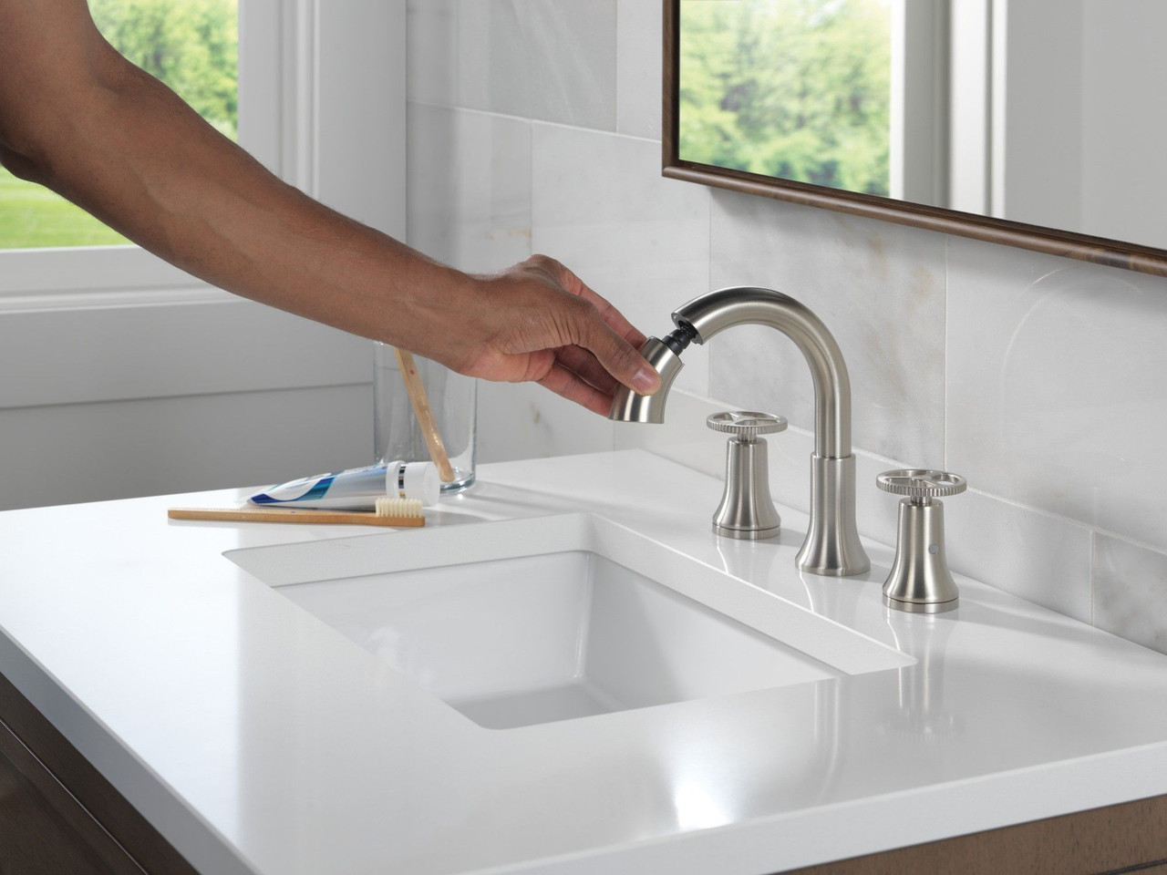 Delta 3558-SSPD-DST Trinsic Two Handle Widespread Pull Down Bathroom Faucet, Stainless