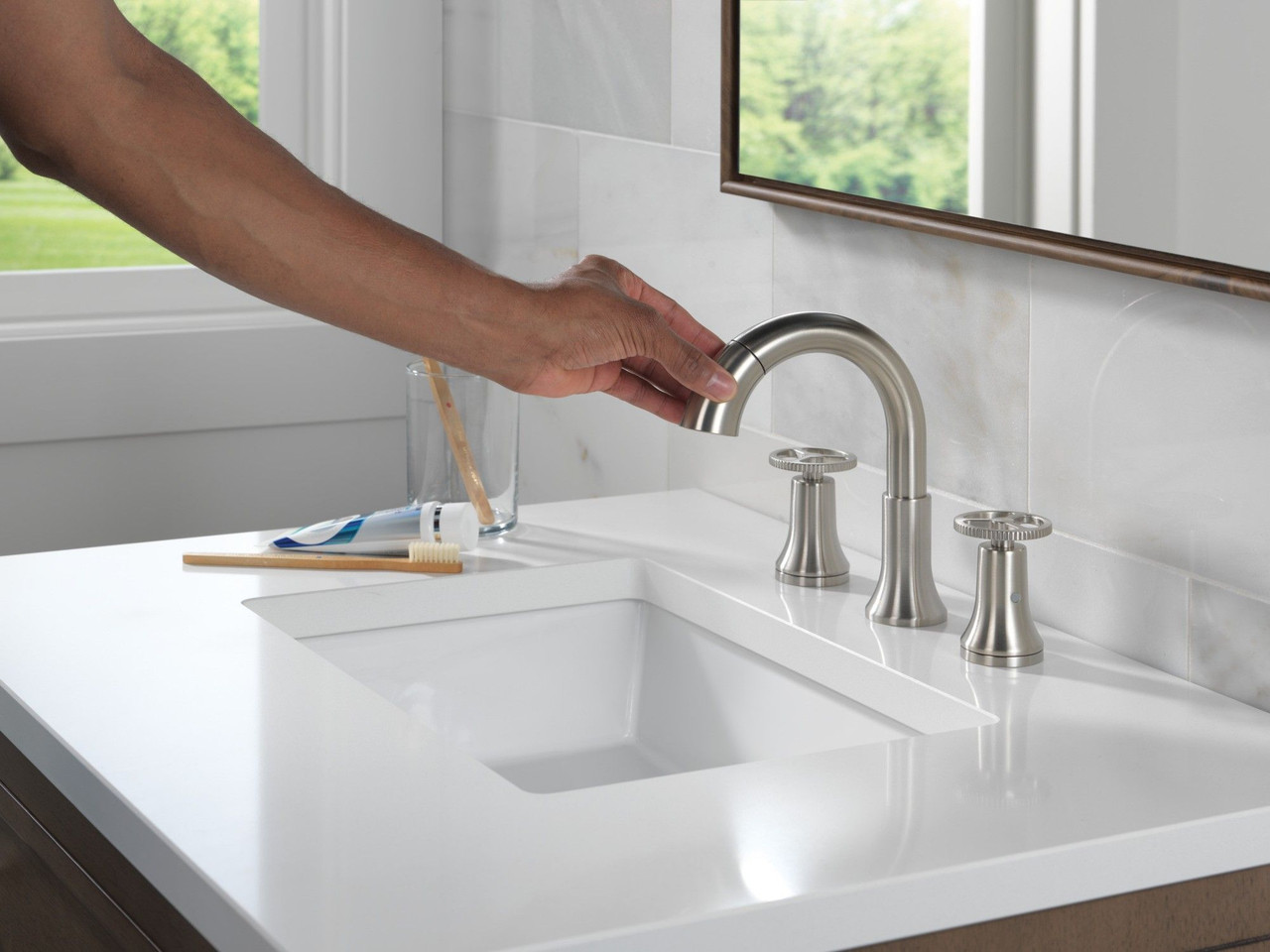 Delta 3558-SSPD-DST Trinsic Two Handle Widespread Pull Down Bathroom Faucet, Stainless