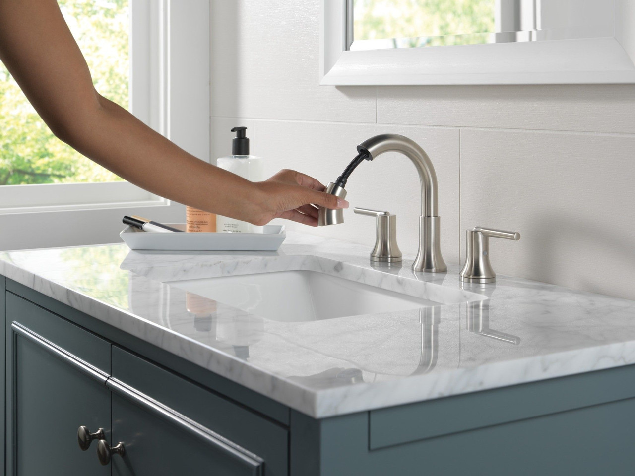Delta 3559-SSPD-DST Trinsic Two Handle Widespread Pull Down Bathroom Faucet, Stainless