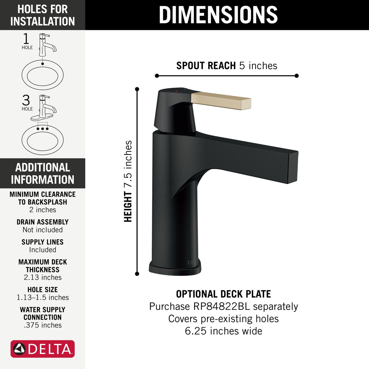 Delta 574-GZLPU-DST Zura Single Handle Bathroom Faucet Less Pop Up, Matte Black and Champagne Bronze
