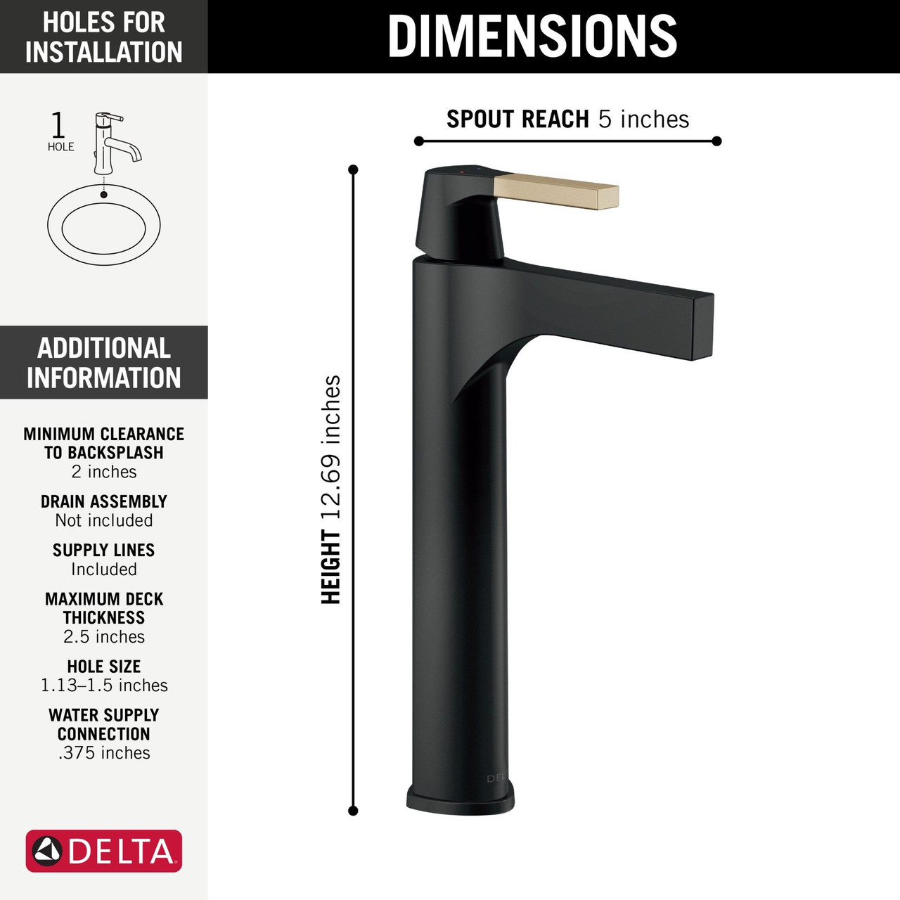 Delta 774-GZ-DST Zura Single Handle Vessel Bathroom Faucet, Matte Black and Champagne Bronze