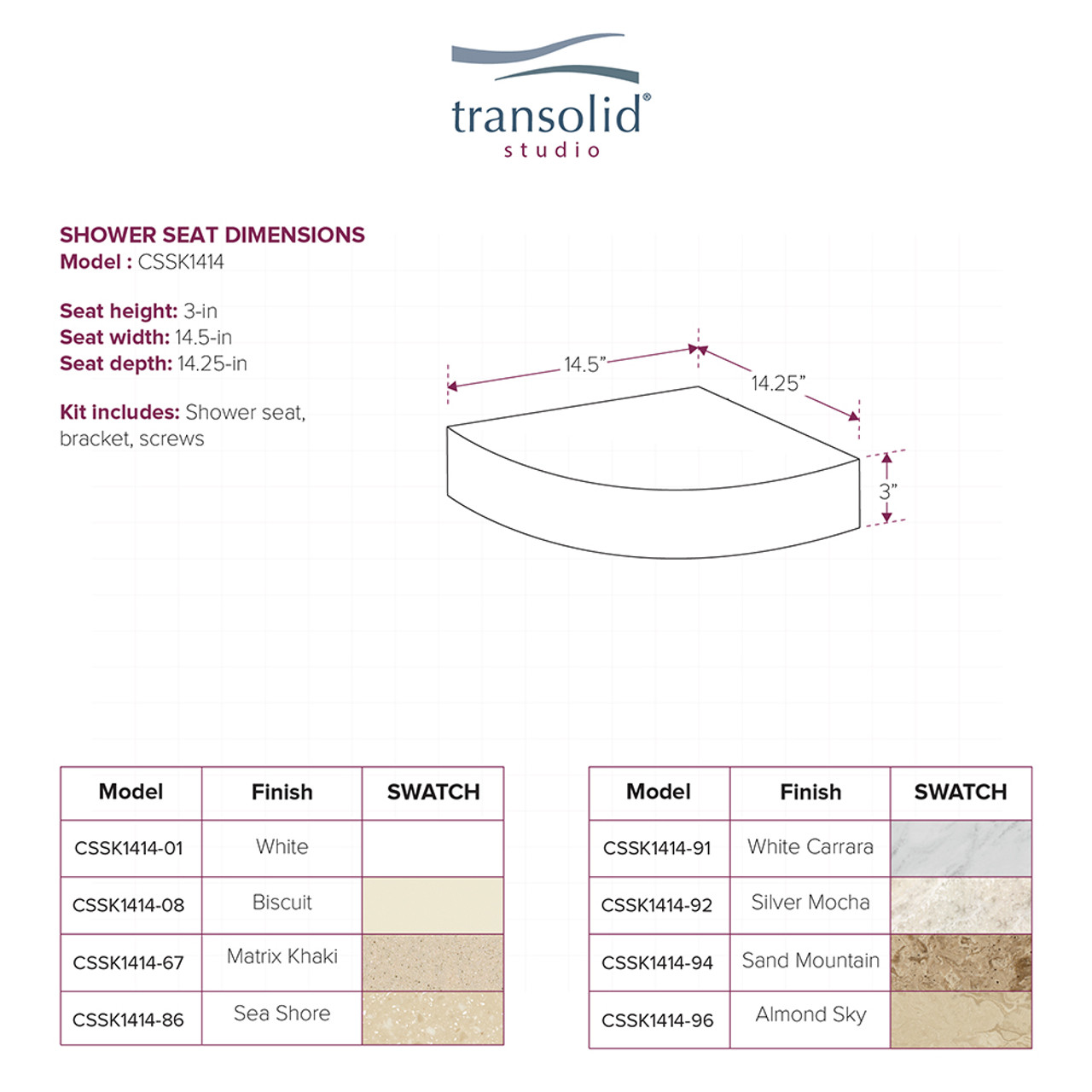 Transolid CSSK1414-67 Studio 14-in X 14-in Solid Surface Wall-Mount Corner Shower Seat in Matrix Khaki