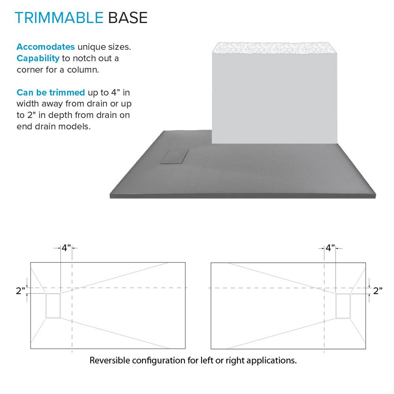 Transolid FZST7236-40 Trimslate 72-in x 36-in Shower Base with Adjustable Single Threshold and End Drain, Dark Grey