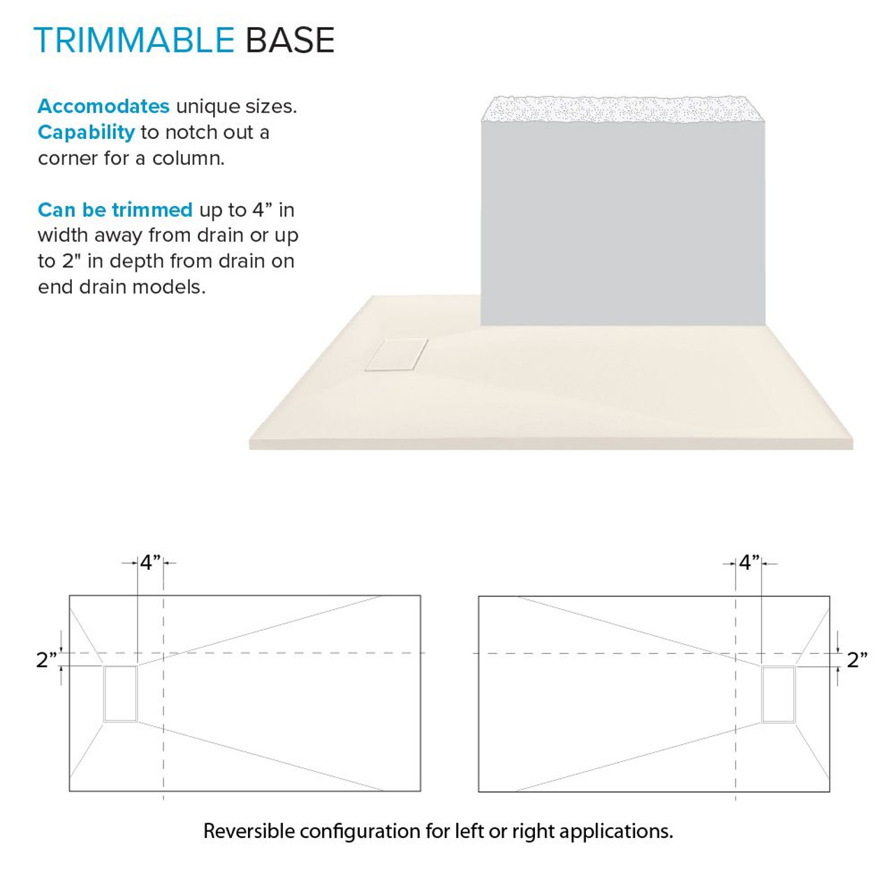 Transolid FZSR6332-32 Trimslate 63-in x 32-in Zero Threshold Tub Replacement Shower Base with End Drain, Cameo