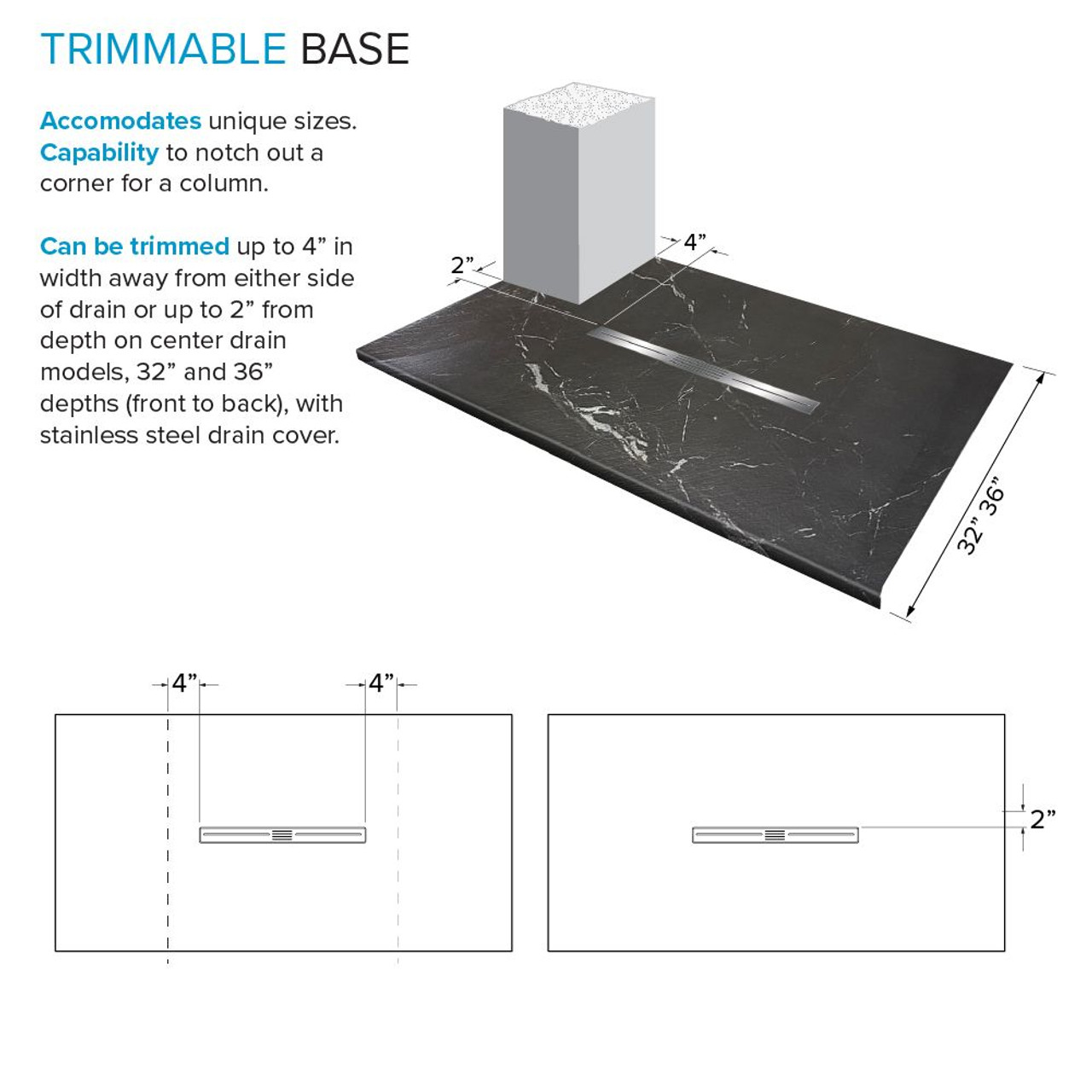 Transolid FZSP6042C-61 Trimslate Plus 60-in x 42-in Zero Threshold Shower Base with Center Drain, Sterling Black