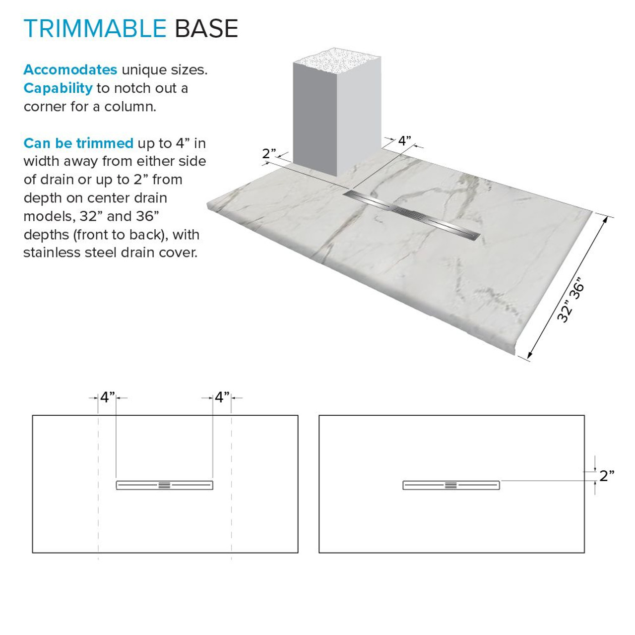 Transolid FZSP6042C-60 Trimslate Plus 60-in x 42-in Zero Threshold Shower Base with Center Drain, Calcite