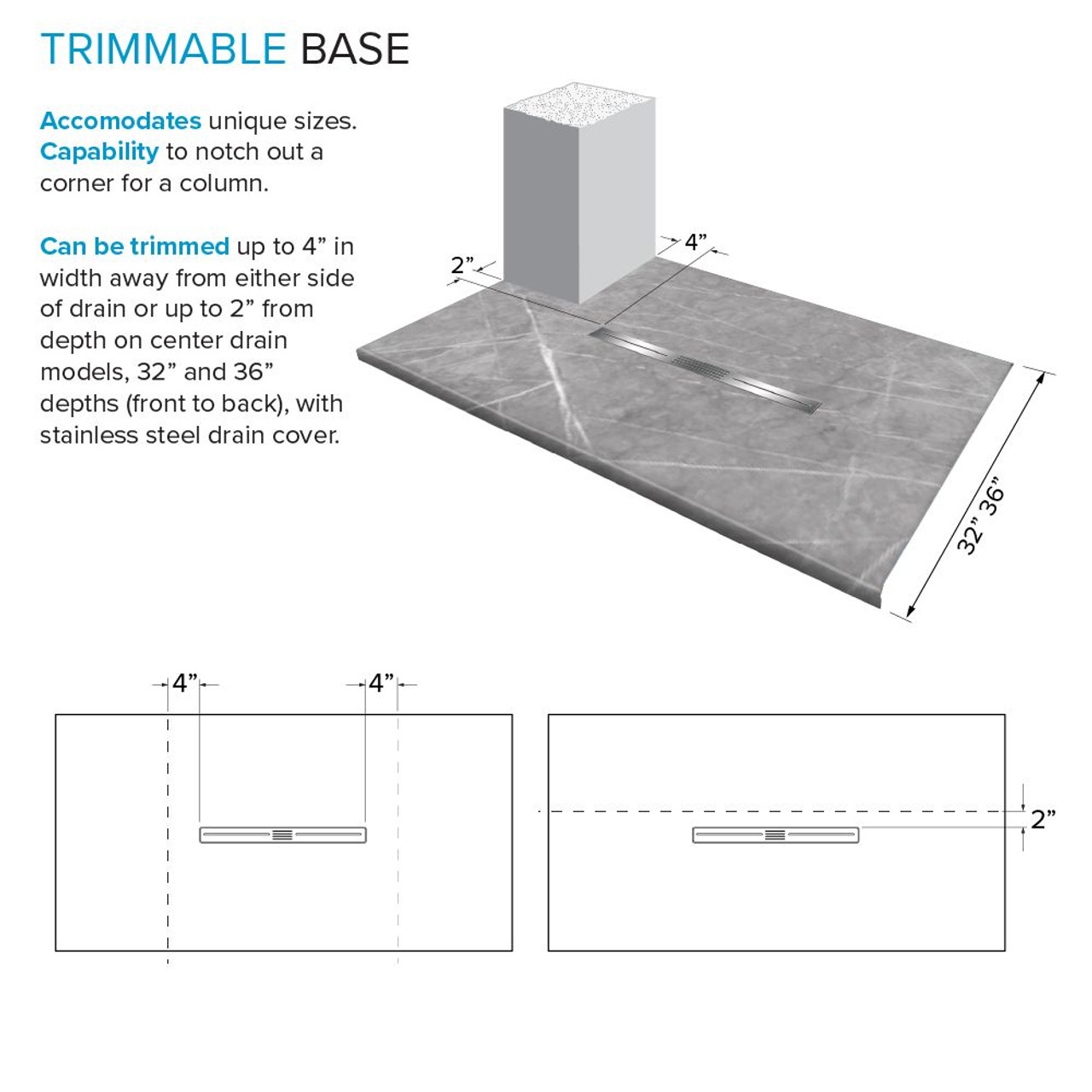 Transolid FZSP6036C-59 Trimslate Plus 60-in x 36-in Zero Threshold Shower Base with Center Drain, Ashy Grey