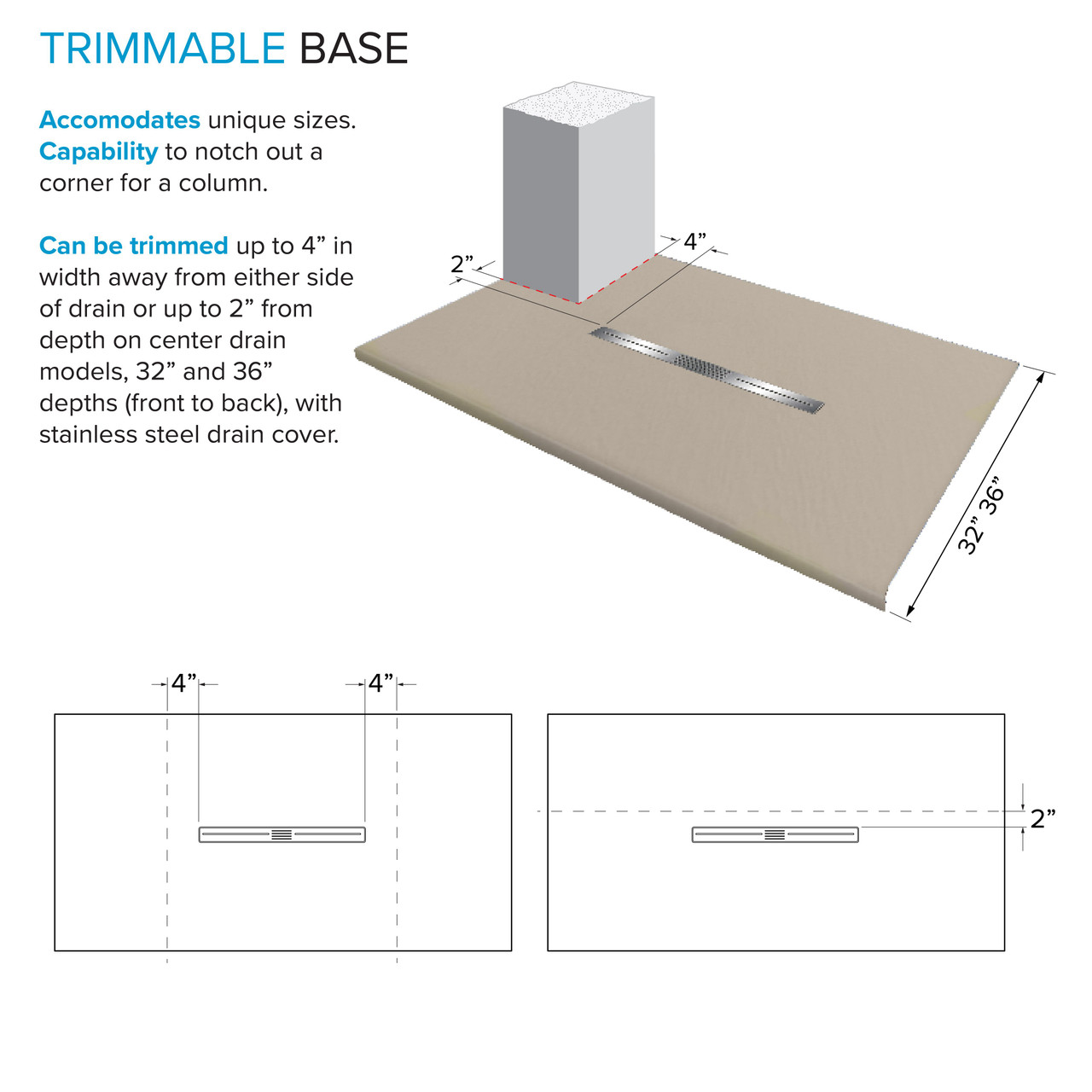 Transolid FZSP6036C-33 Trimslate Plus 60-in x 36-in Zero Threshold Shower Base with Center Drain, Beach