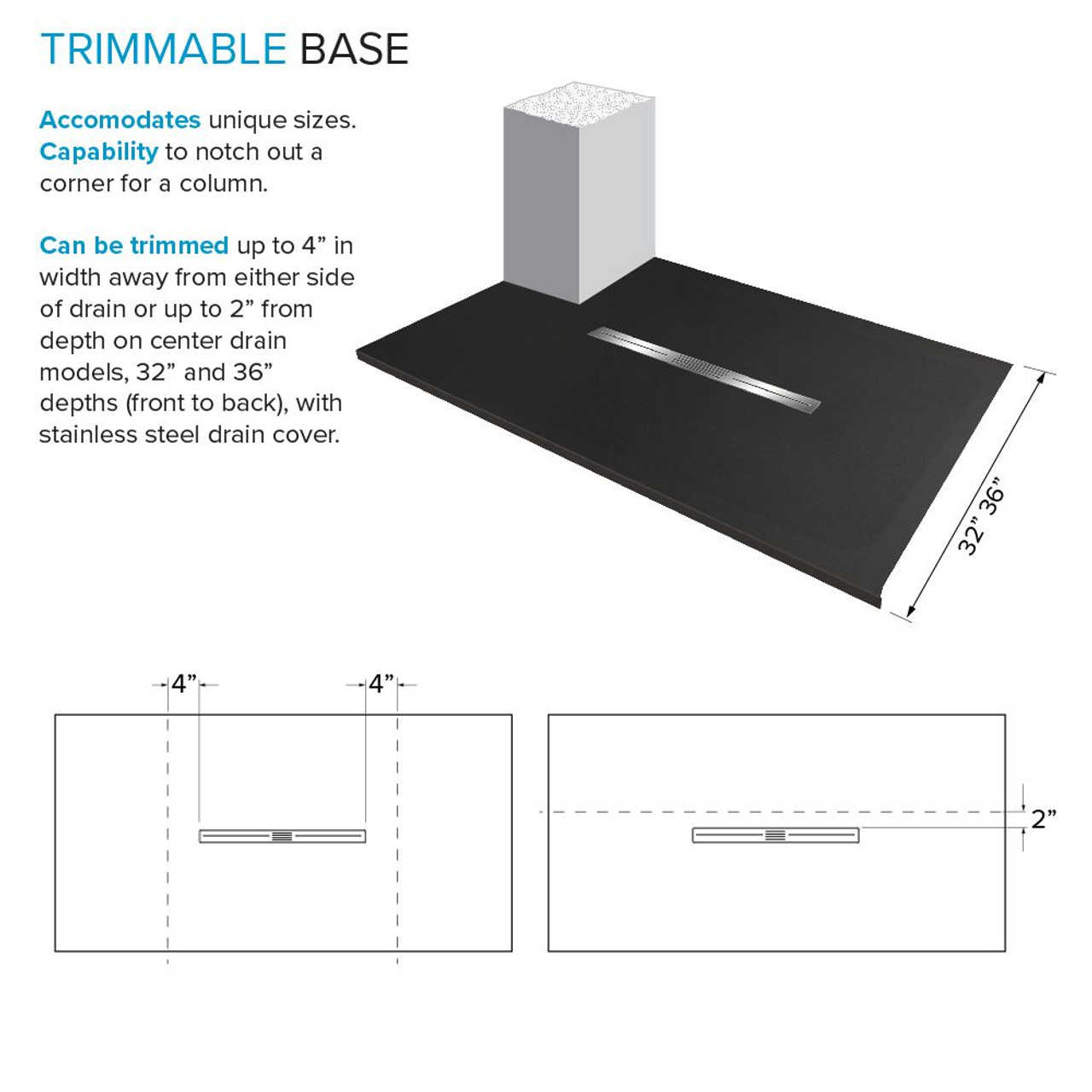 Transolid FZSDT7242C-09 Trimslate 72-in x 42-in Shower Base with Adjustable Double Threshold and Center Drain, Black
