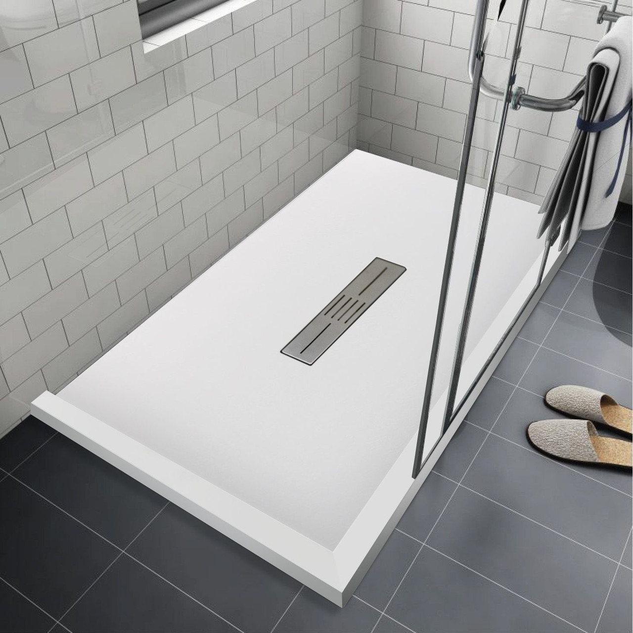 Transolid FZSDT7236C-31 Trimslate 72-in x 36-in Shower Base with Adjustable Double Threshold and Center Drain, White