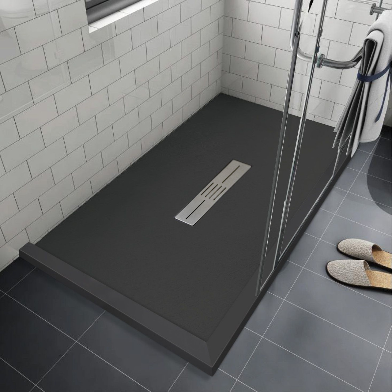 FZSDT6648C-09 Trimslate 66-in x 48-in Shower Base with Adjustable Double Threshold and Center Drain, Black