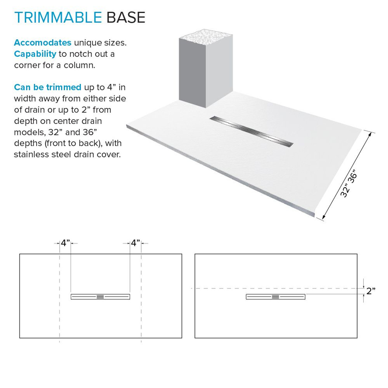 Transolid FZSDT6642C-31 Trimslate 66-in x 42-in Shower Base with Adjustable Double Threshold and Center Drain, White