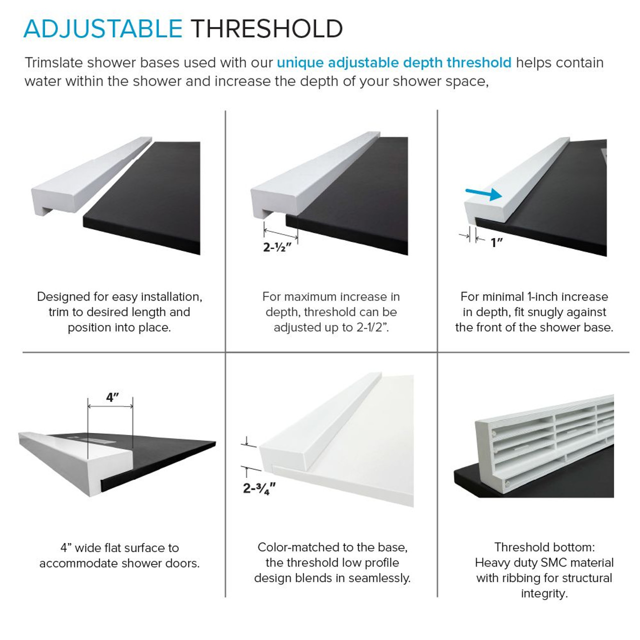 Transolid FZSDT6642C-31 Trimslate 66-in x 42-in Shower Base with Adjustable Double Threshold and Center Drain, White