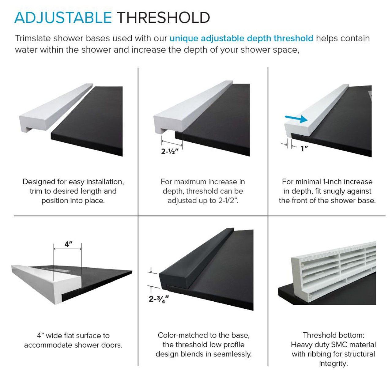 Transolid FZSDT6642C-09 Trimslate 66-in x 42-in Shower Base with Adjustable Double Threshold and Center Drain, Black