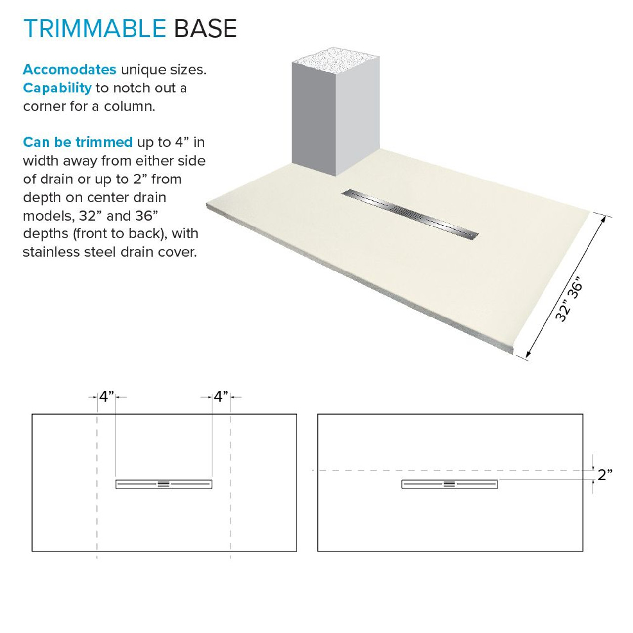 Transolid FZSDT6332C-32 Trimslate 63-in x 32-in Shower Base with Adjustable Double Threshold and Center Drain, Cameo