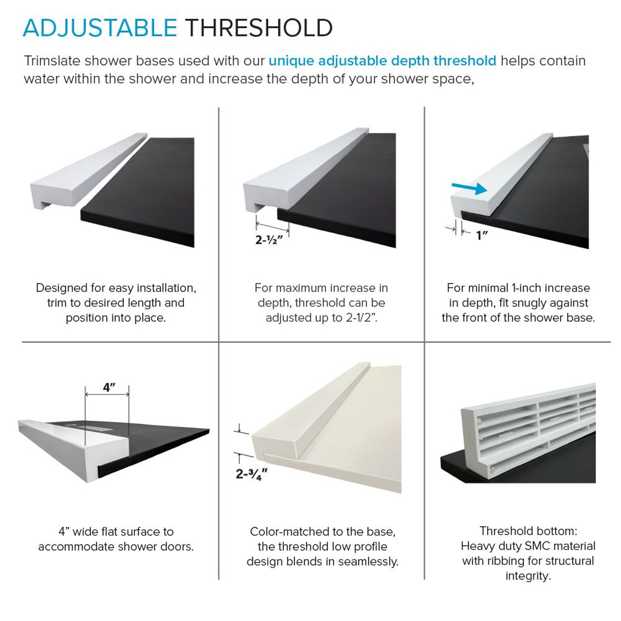 Transolid FZSDT6332C-32 Trimslate 63-in x 32-in Shower Base with Adjustable Double Threshold and Center Drain, Cameo