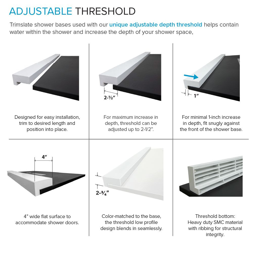 FZSDT6332C-31 Trimslate 63-in x 32-in Shower Base with Adjustable Double Threshold and Center Drain, White