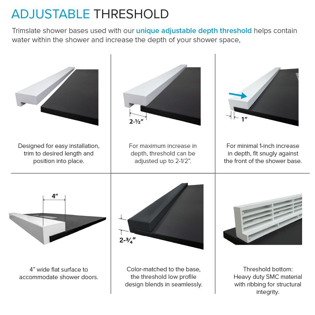 FZSDT6036C-09 Trimslate 60-in x 36-in Shower Base with Adjustable Double Threshold and Center Drain, Black