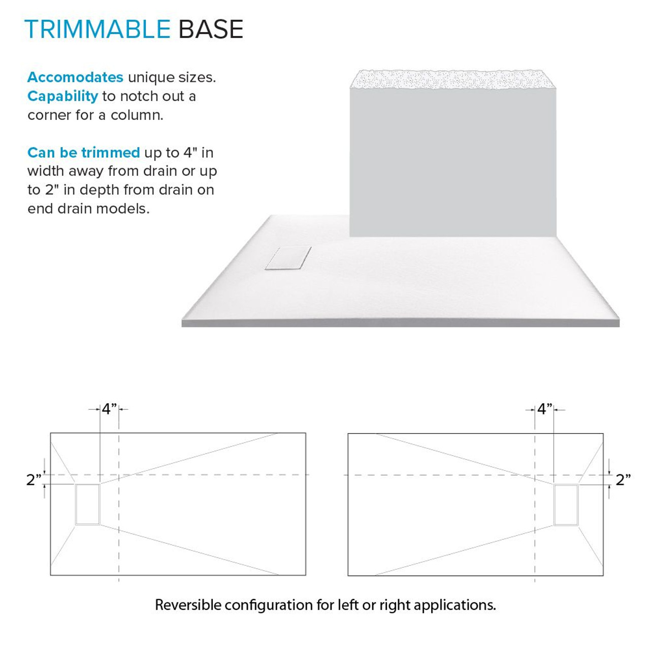 Transolid FZS6736-31 Trimslate 67-in x 36-in Zero Threshold Shower Base with End Drain, White