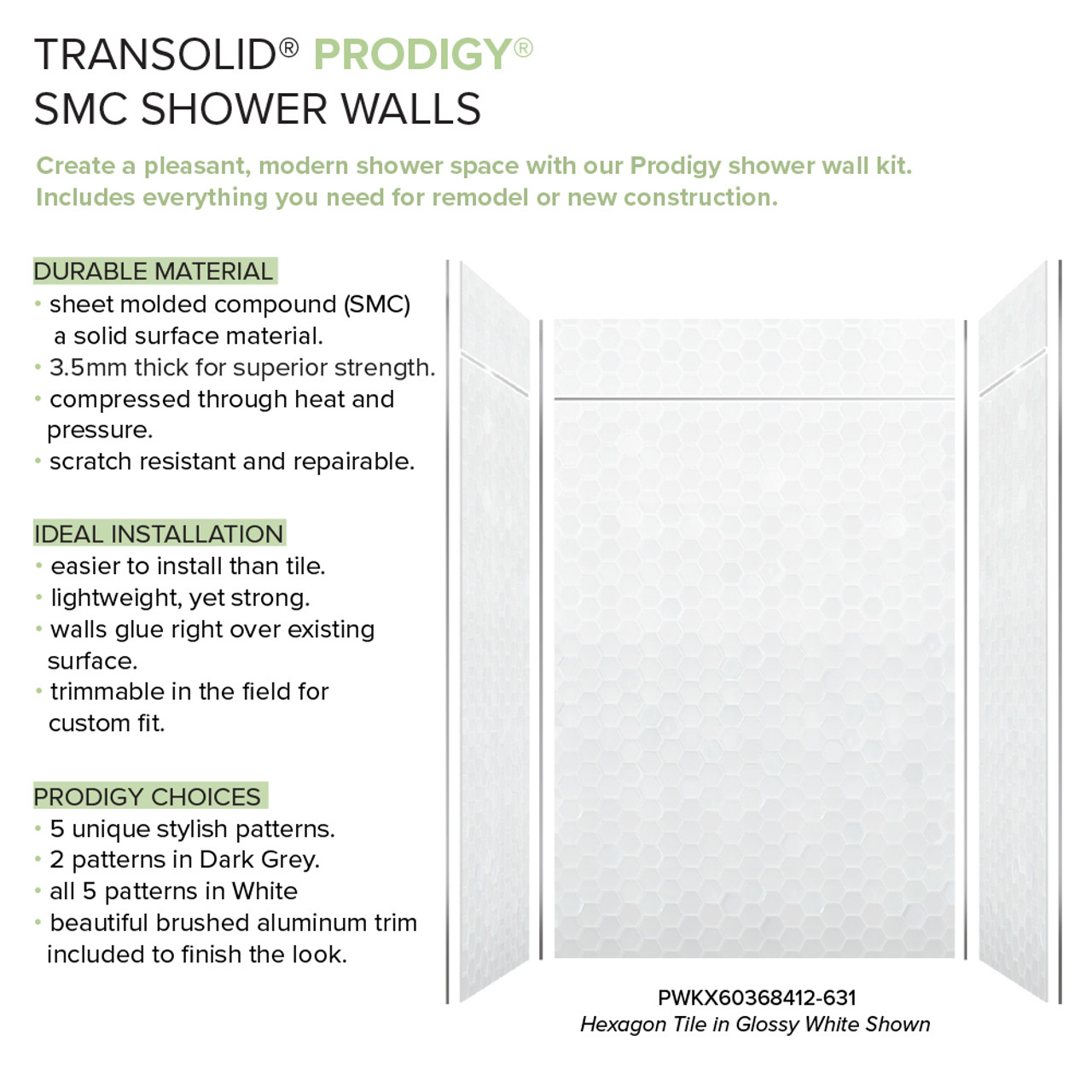 Transolid PWKX60368412-631 Prodigy 60-in x 36-in x 96-in Shower Wall Kit with Extension, White 3D Hexagon