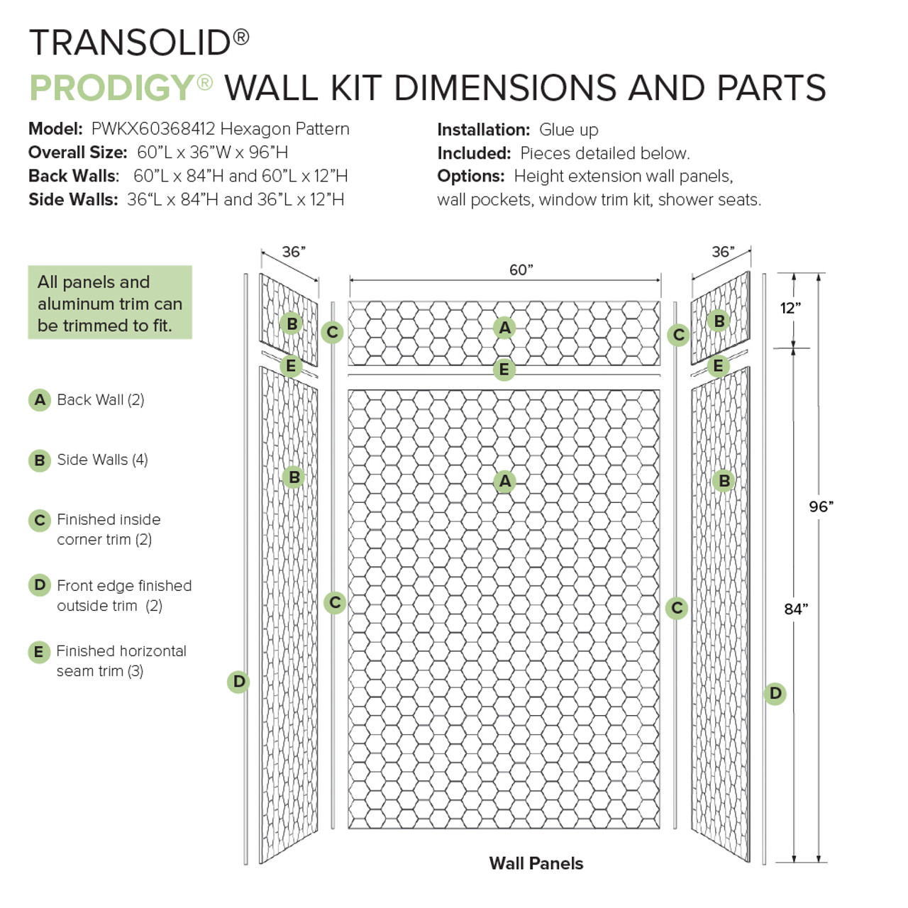 Transolid PWKX60368412-631 Prodigy 60-in x 36-in x 96-in Shower Wall Kit with Extension, White 3D Hexagon