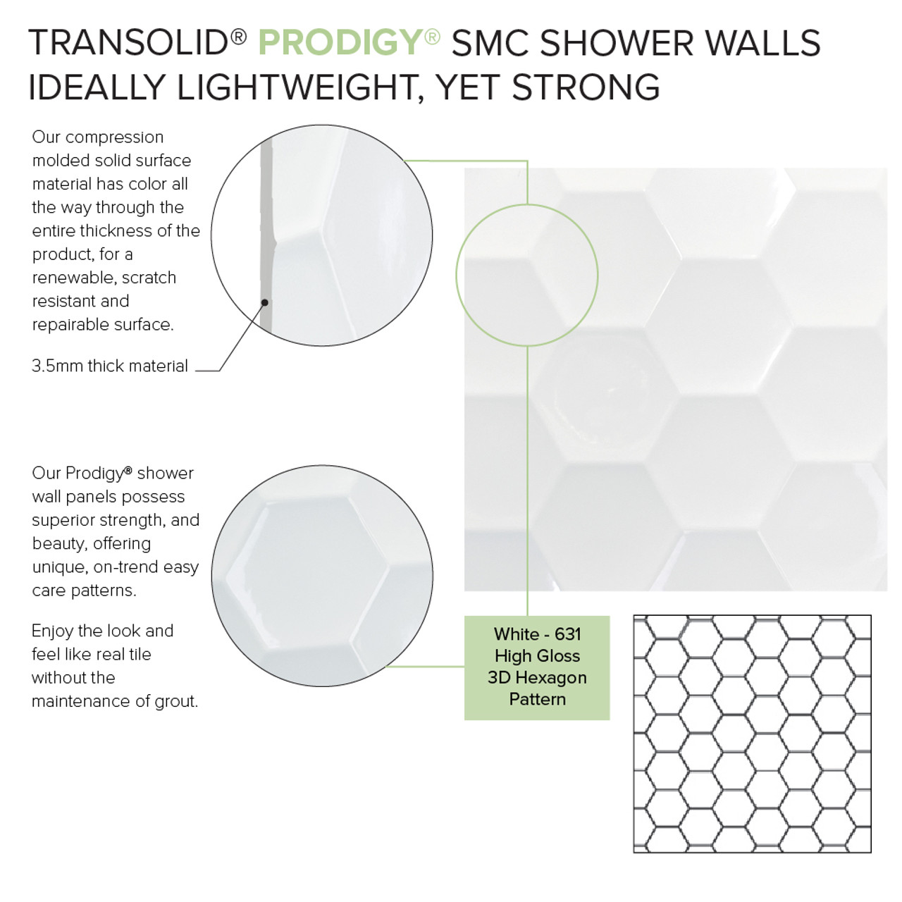 Transolid PWKX60368412-631 Prodigy 60-in x 36-in x 96-in Shower Wall Kit with Extension, White 3D Hexagon