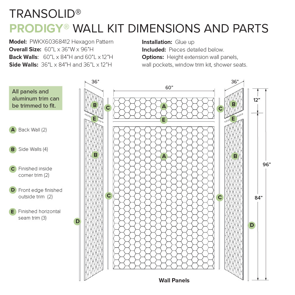 PWKX60368412-631 Prodigy 60-in x 36-in x 96-in Shower Wall Kit with Extension, White 3D Hexagon