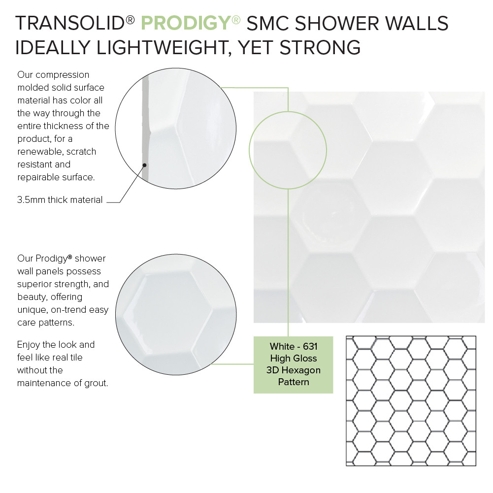 PWKX60368412-631 Prodigy 60-in x 36-in x 96-in Shower Wall Kit with Extension, White 3D Hexagon