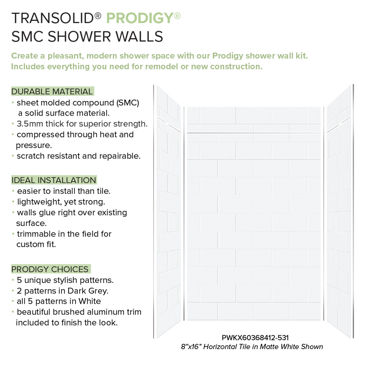 Transolid PWKX60368412-531 Prodigy 60-in x 36-in x 96-in Shower Wall Kit with Extension, White Horizontal Tile