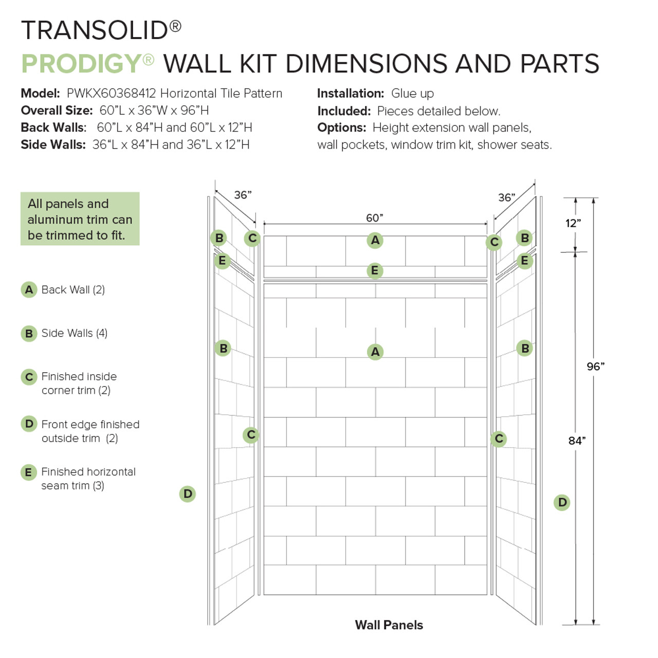 Transolid PWKX60368412-531 Prodigy 60-in x 36-in x 96-in Shower Wall Kit with Extension, White Horizontal Tile