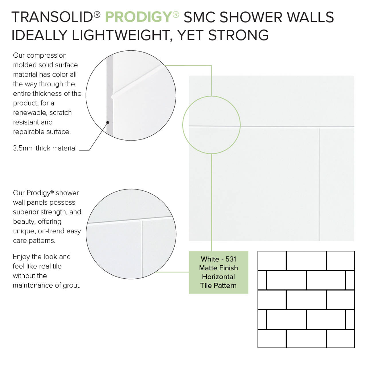 Transolid PWKX60368412-531 Prodigy 60-in x 36-in x 96-in Shower Wall Kit with Extension, White Horizontal Tile