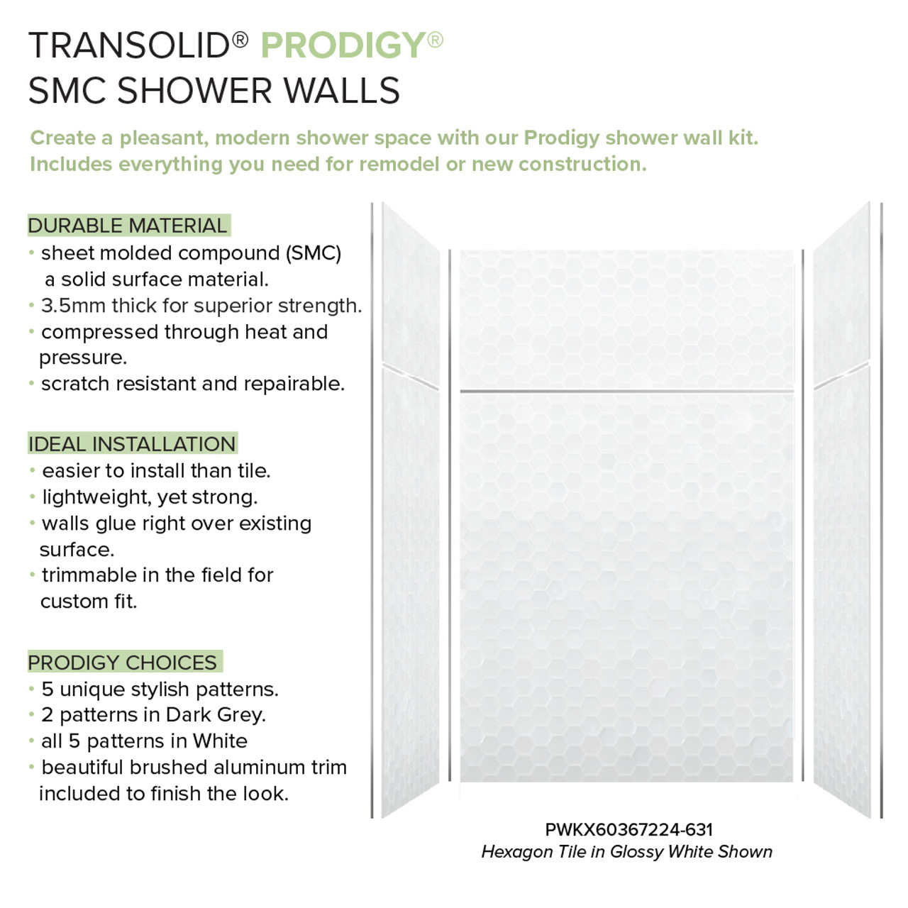 Transolid PWKX60367224-631 Prodigy 60-in x 36-in x 96-in Shower Wall Kit with Extension, White 3D Hexagon