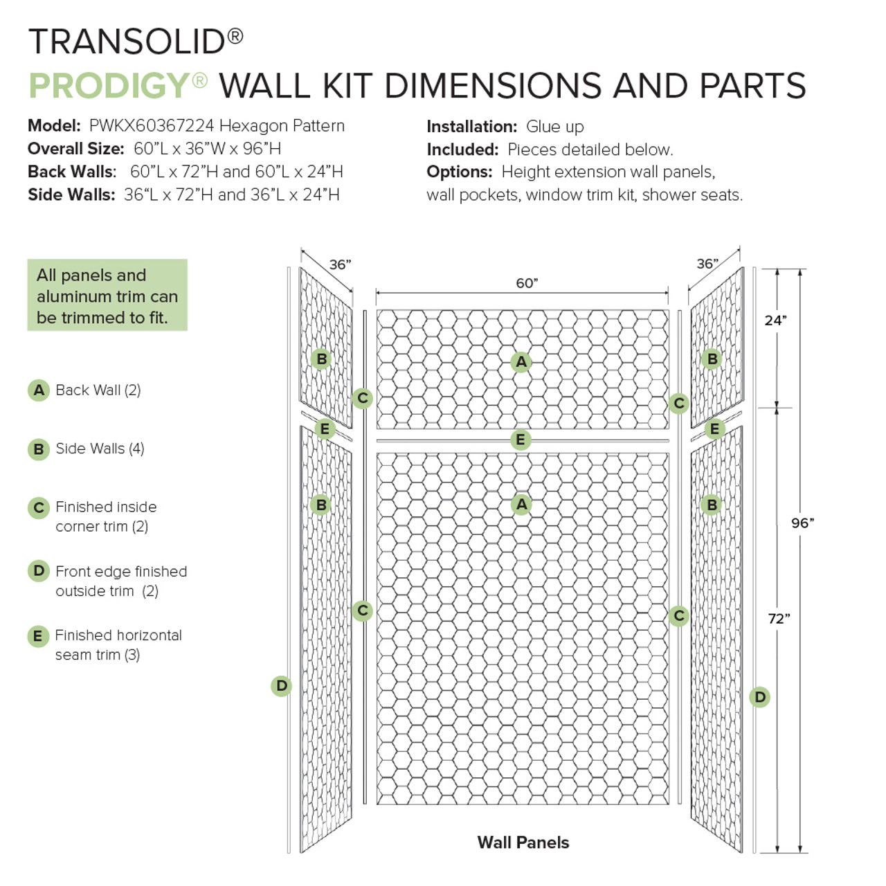 Transolid PWKX60367224-631 Prodigy 60-in x 36-in x 96-in Shower Wall Kit with Extension, White 3D Hexagon