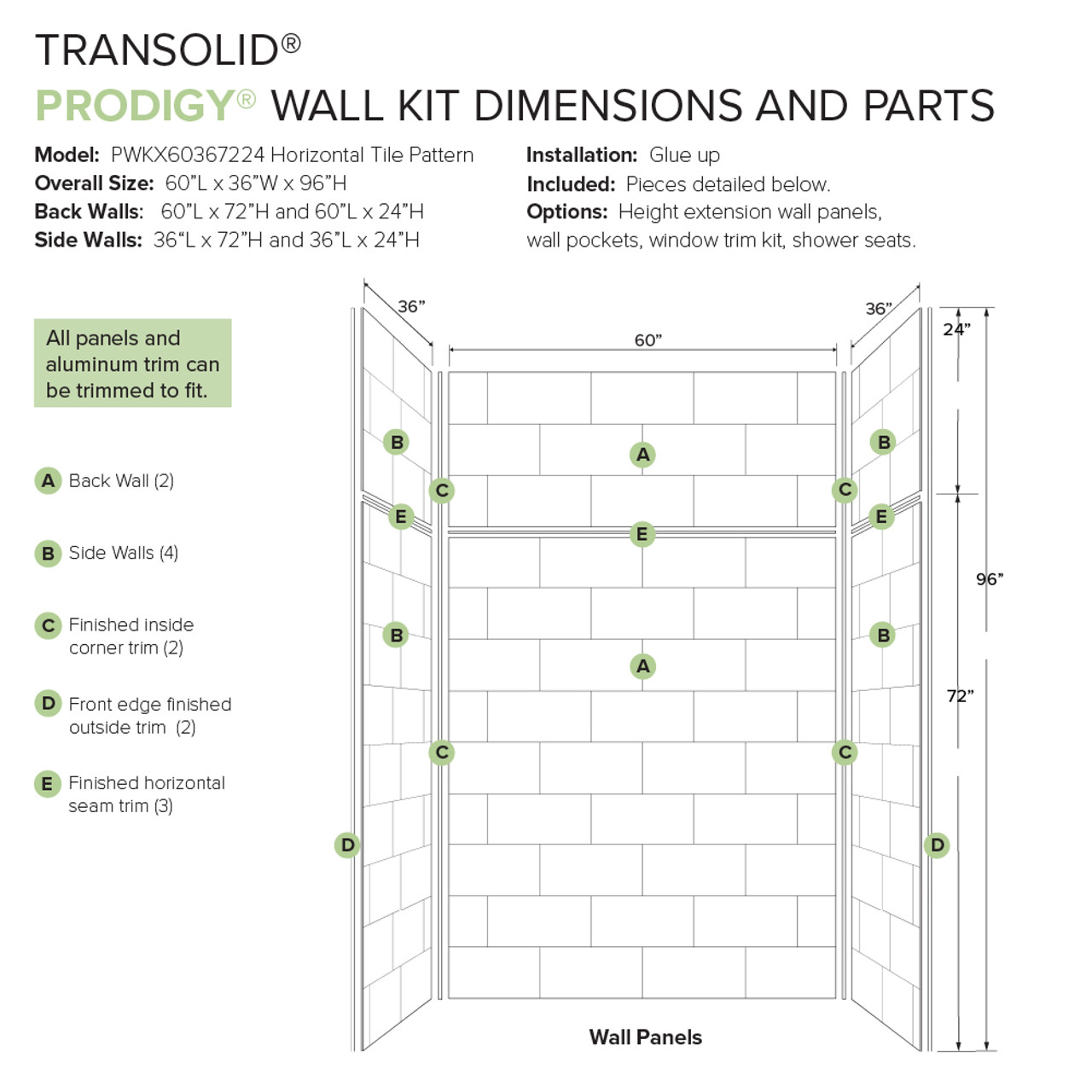 Transolid PWKX60367224-531 Prodigy 60-in x 36-in x 96-in Shower Wall Kit with Extension, White Horizontal Tile