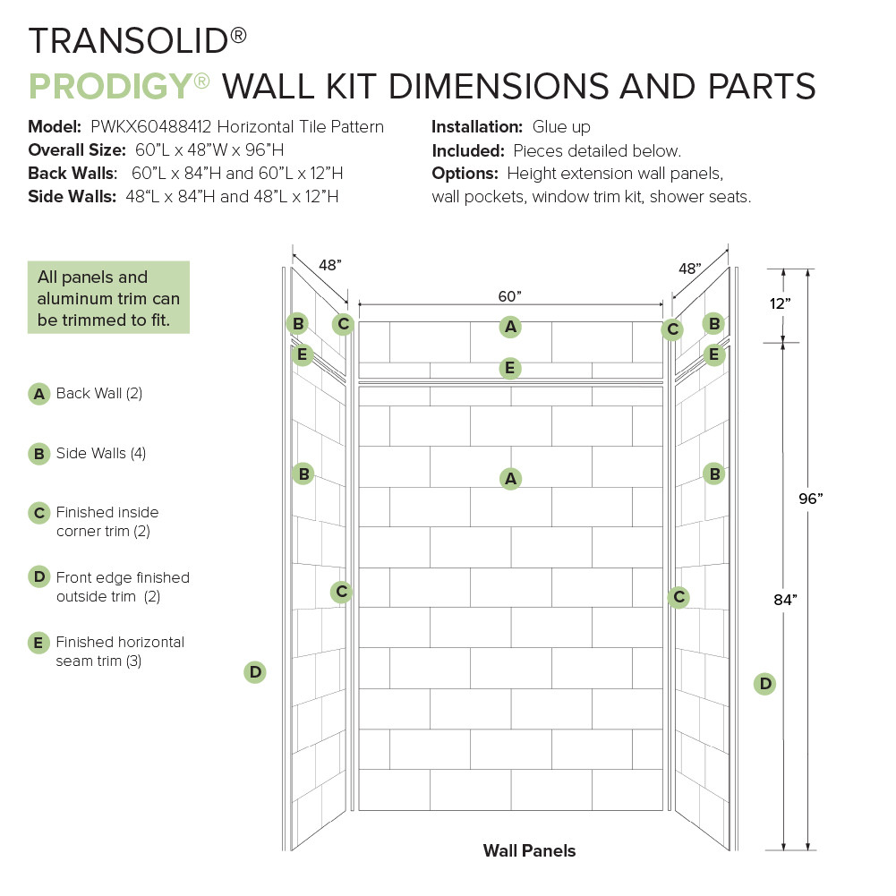 PWKX60488412-531 Prodigy 60-in x 48-in x 96-in Shower Wall Kit with Extension, White Horizontal Tile