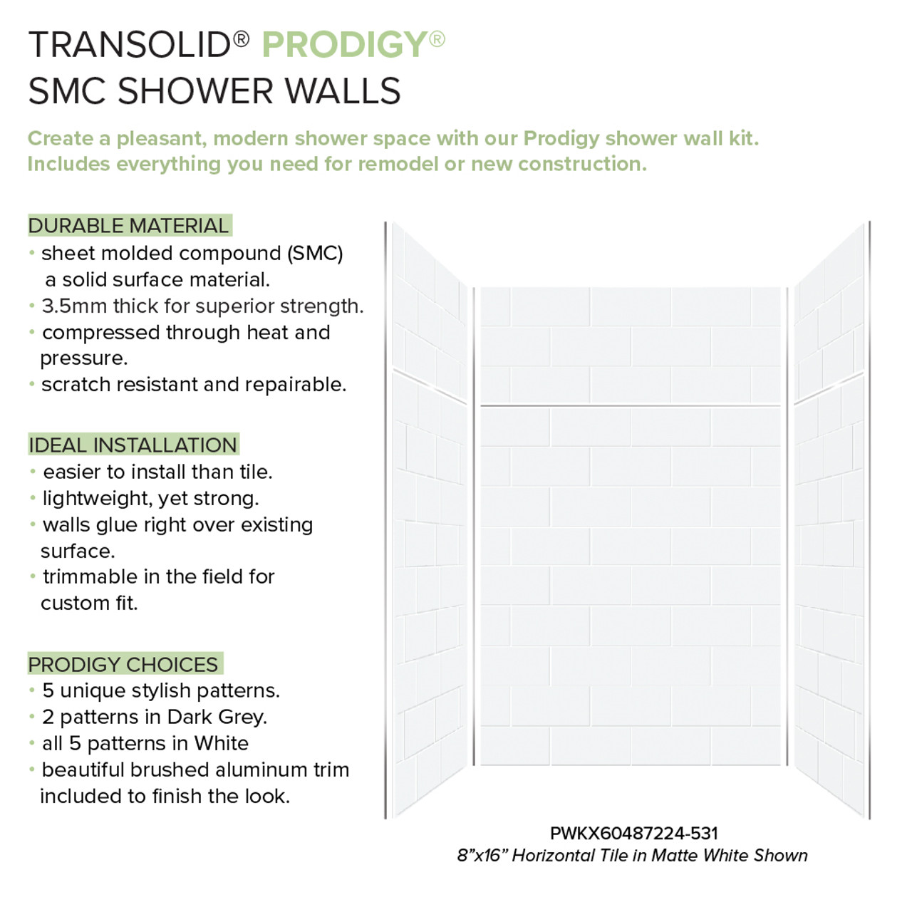 Transolid PWKX60487224-531 Prodigy 60-in x 48-in x 96-in Shower Wall Kit with Extension, White Horizontal Tile