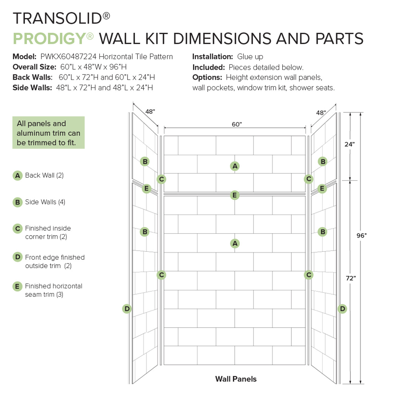Transolid PWKX60487224-531 Prodigy 60-in x 48-in x 96-in Shower Wall Kit with Extension, White Horizontal Tile