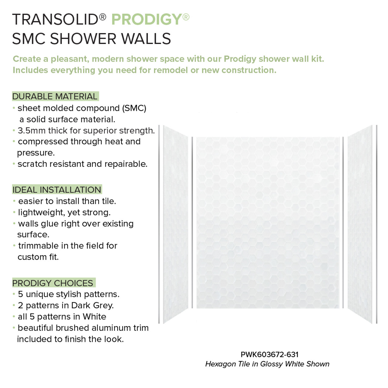 Transolid PWK603672-631 Prodigy 60-in x 36-in x 72-in Shower Wall Kit, White 3D Hexagon