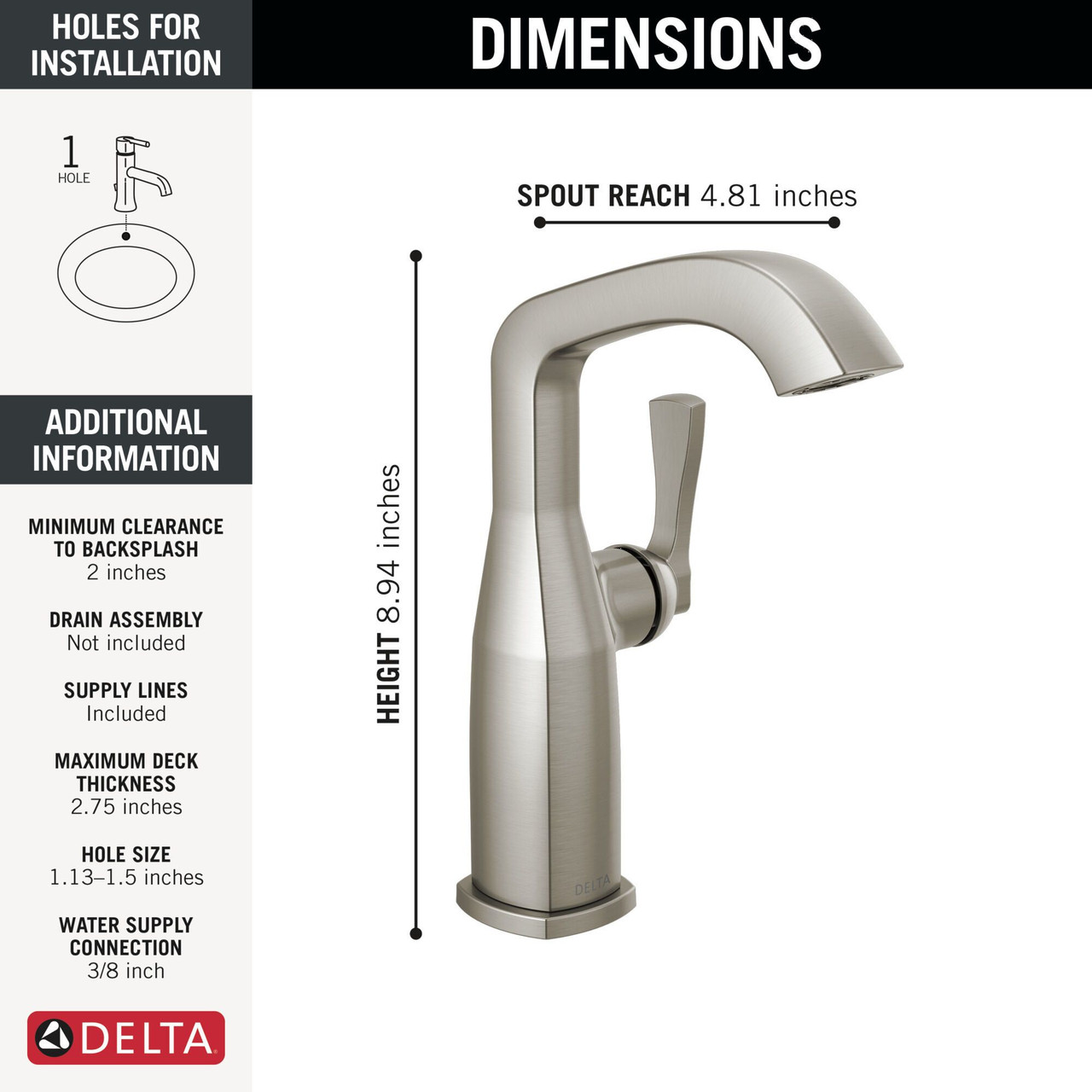 676-SS-PR-DST Stryke 4.38-in x 6.56-in x 8.94-in Single Handle Mid-Height Bathroom Faucet, Lumicoat Stainless