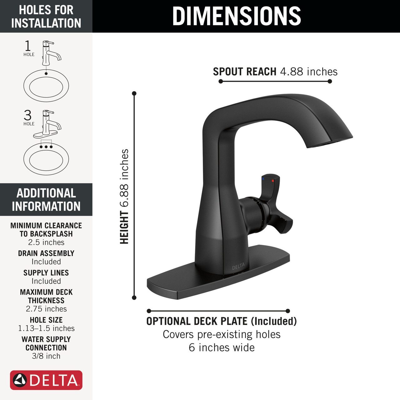Delta 5766-BLMPU-DST Stryke 6.56-in x 6.00-in x 6.88-in Single Handle Bathroom Faucet, Matte Black