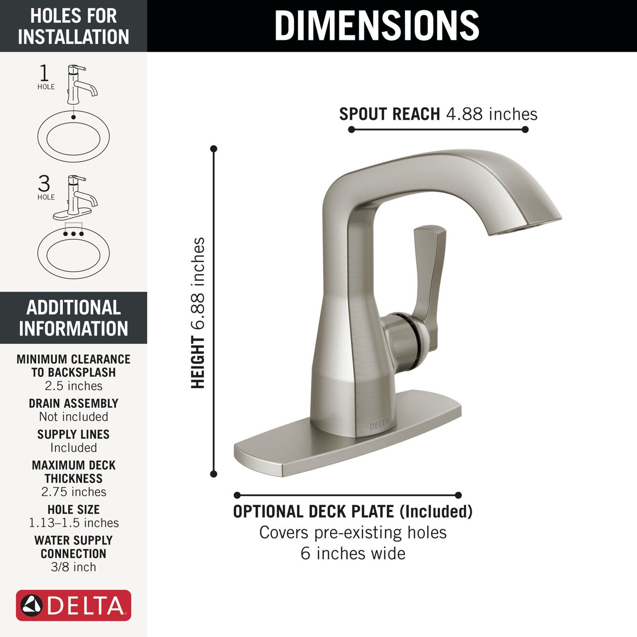 Delta 576-SS-PR-LPU-DST Stryke 6.56-in x 6.00-in x 6.88-in Single Handle Bathroom Faucet, Lumicoat Stainless