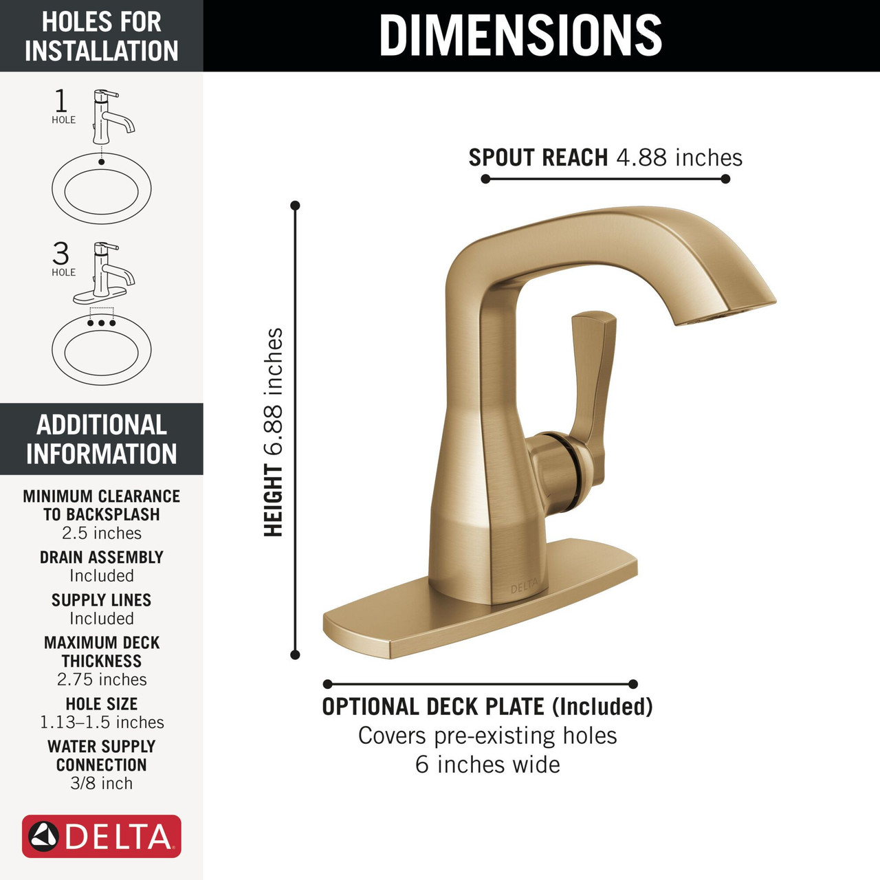 Delta 576-CZ-PR-MPU-DST Stryke 6.56-in x 6.00-in x 6.88-in Single Handle Bathroom Faucet, Lumicoat Champagne Bronze