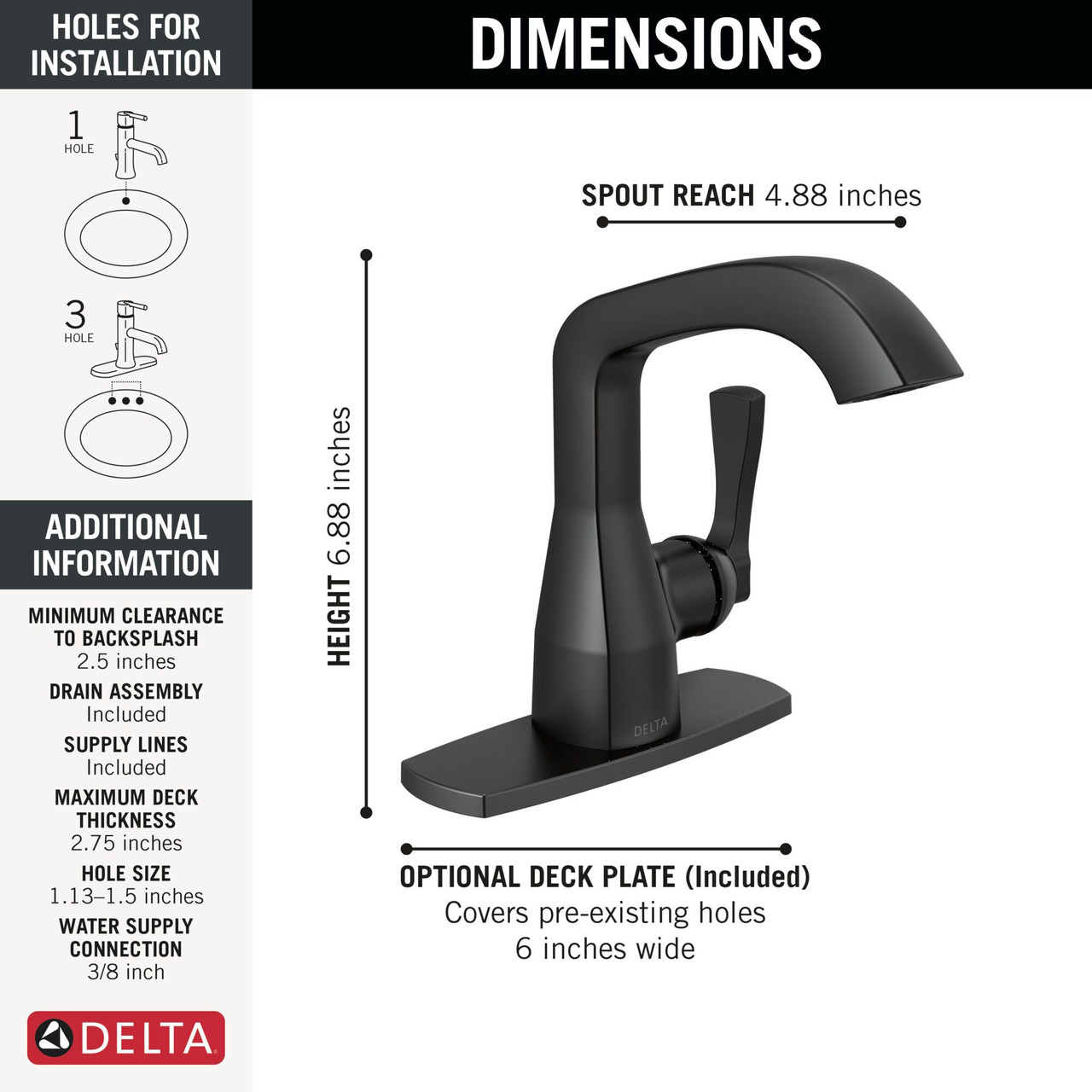 Delta 576-BLMPU-DST Stryke 6.56-in x 6.00-in x 6.88-in Single Handle Bathroom Faucet, Matte Black
