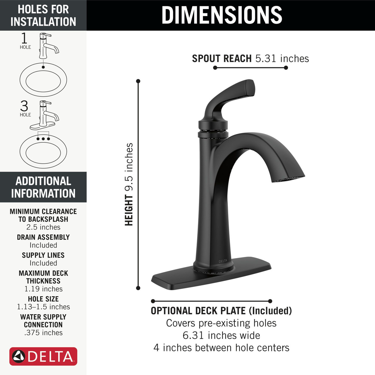 Delta 15864LF-BL Geist 7.25-in x 6.31-in x 9.50-in Single Handle Bathroom Faucet, Matte Black
