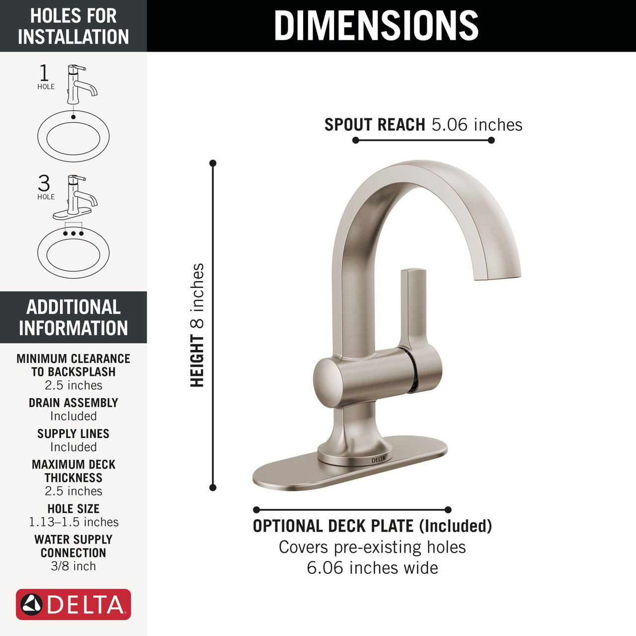 Delta 15855LF-SP Albion 6.50-in x 6.06-in x 8.00-in Single Handle Bathroom Faucet, Spotshield Brushed Nickel