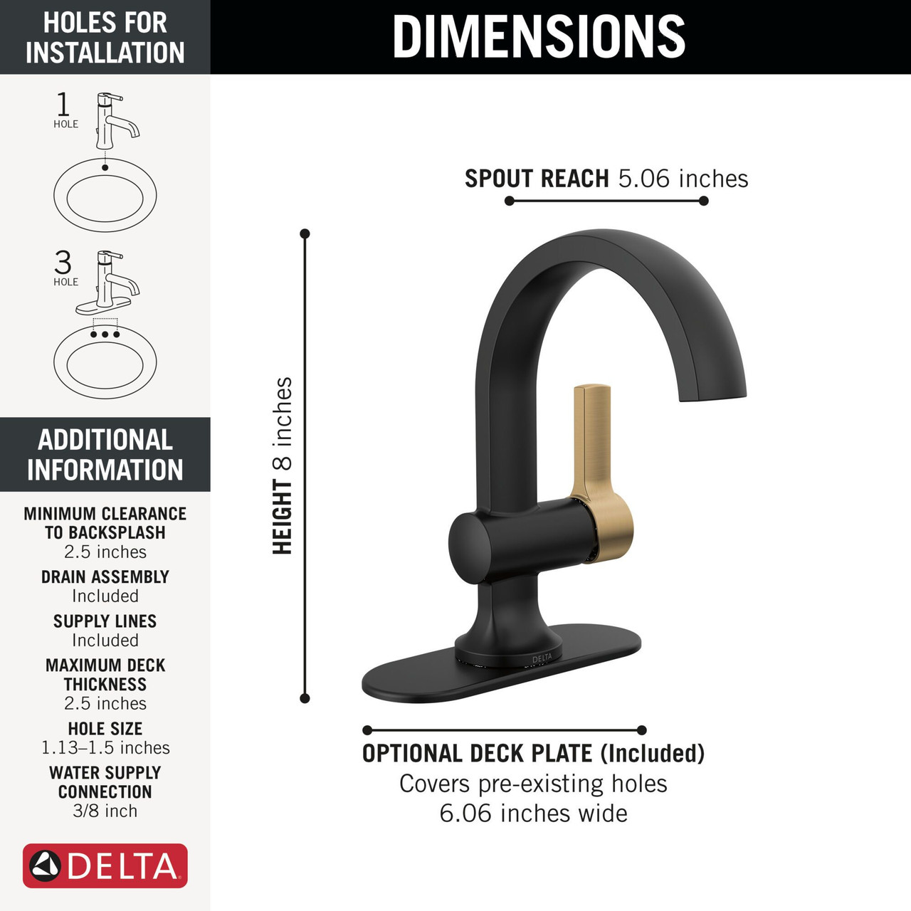 Delta 15855LF-GZ Albion 6.50-in x 6.06-in x 8.00-in Single Handle Bathroom Faucet, Matte Black and Champagne Bronze