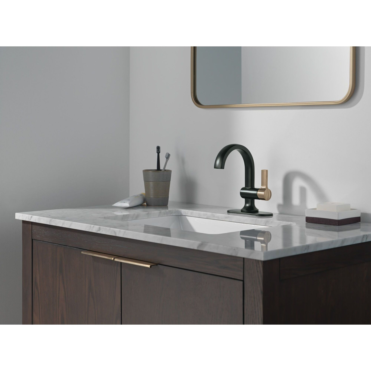 Delta 15855LF-GZ Albion 6.50-in x 6.06-in x 8.00-in Single Handle Bathroom Faucet, Matte Black and Champagne Bronze